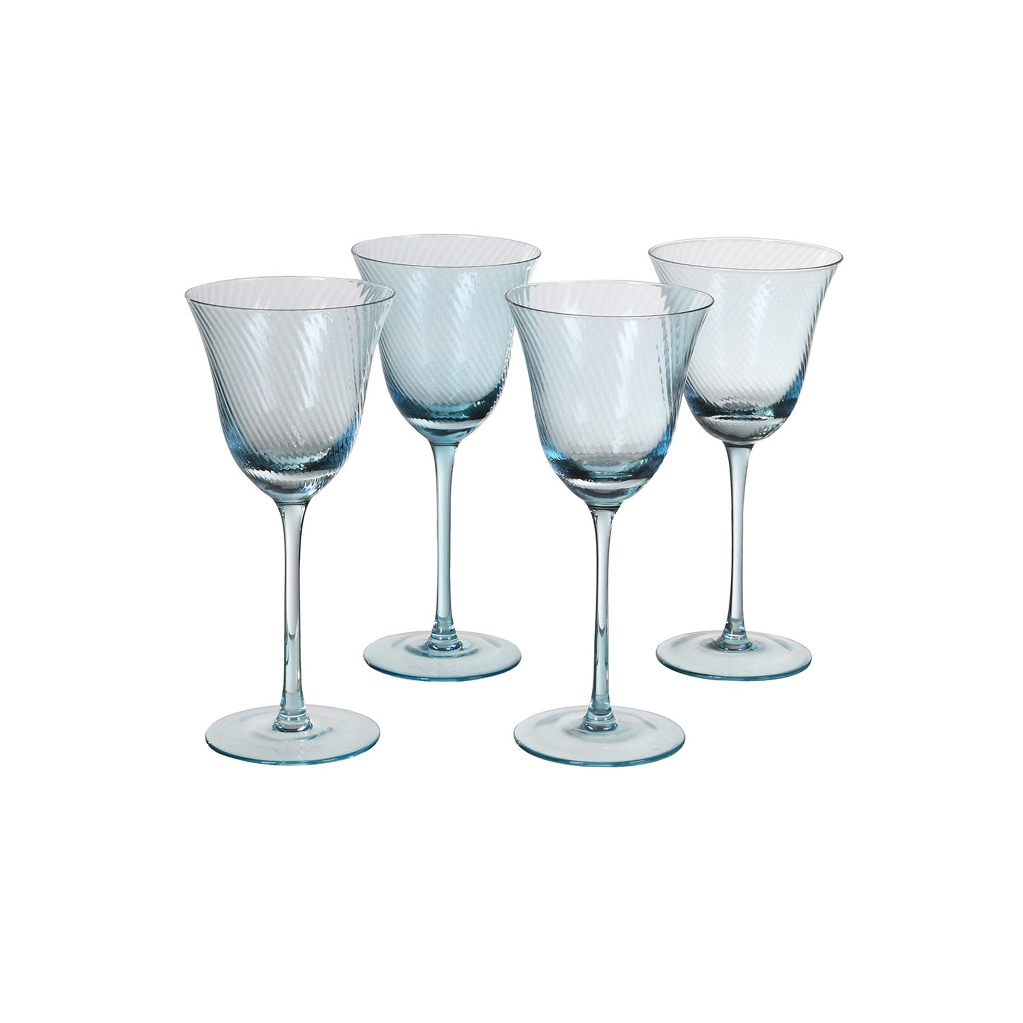 Sky blue wine glasses, delicately ribbed and fluted, set of 4. Dimensions: H:210 Dia:95 mm  Delivery: 7-10 working days